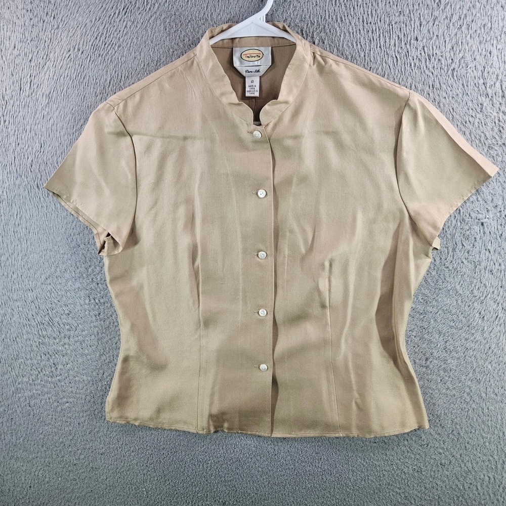 Talbots Pure Silk Blouse Tan Beige Short Sleeve Button Down Mandarin Collar 10